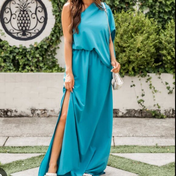 Pink Lily One Shoulder Dress Maxi Size XS Teal Bridesmaid Formal Wedding Guest - Picture 2 of 7